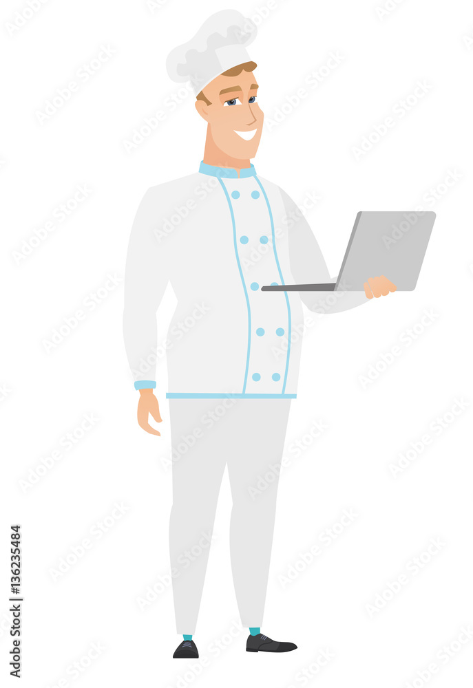 Chef cook using laptop vector illustration. Chef cook using laptop vector illustration.