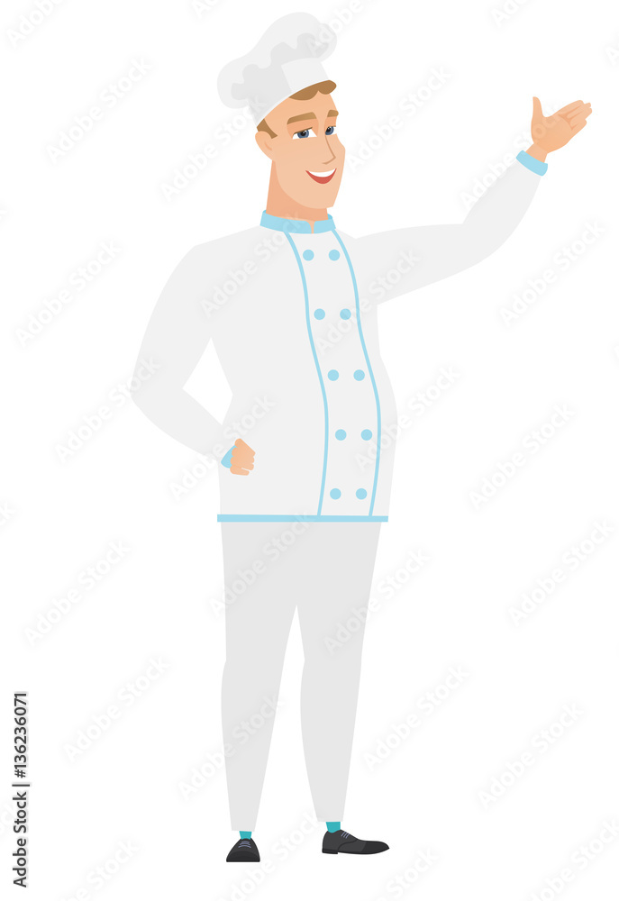 Caucasian chef cook showing a direction. Caucasian chef cook showing a direction.