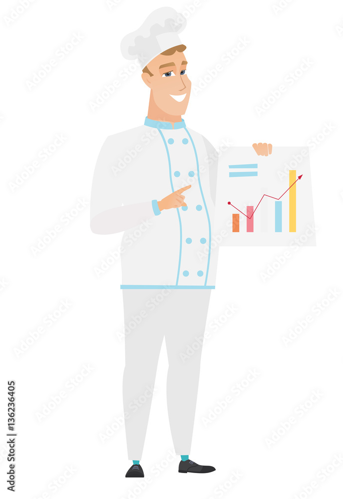 Caucasian chef cook showing financial chart.
