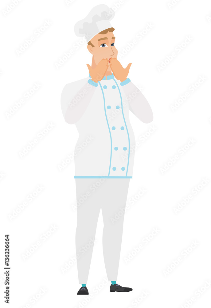Shoked caucasian chef cook covering his mouth. Shoked caucasian chef cook covering his mouth.