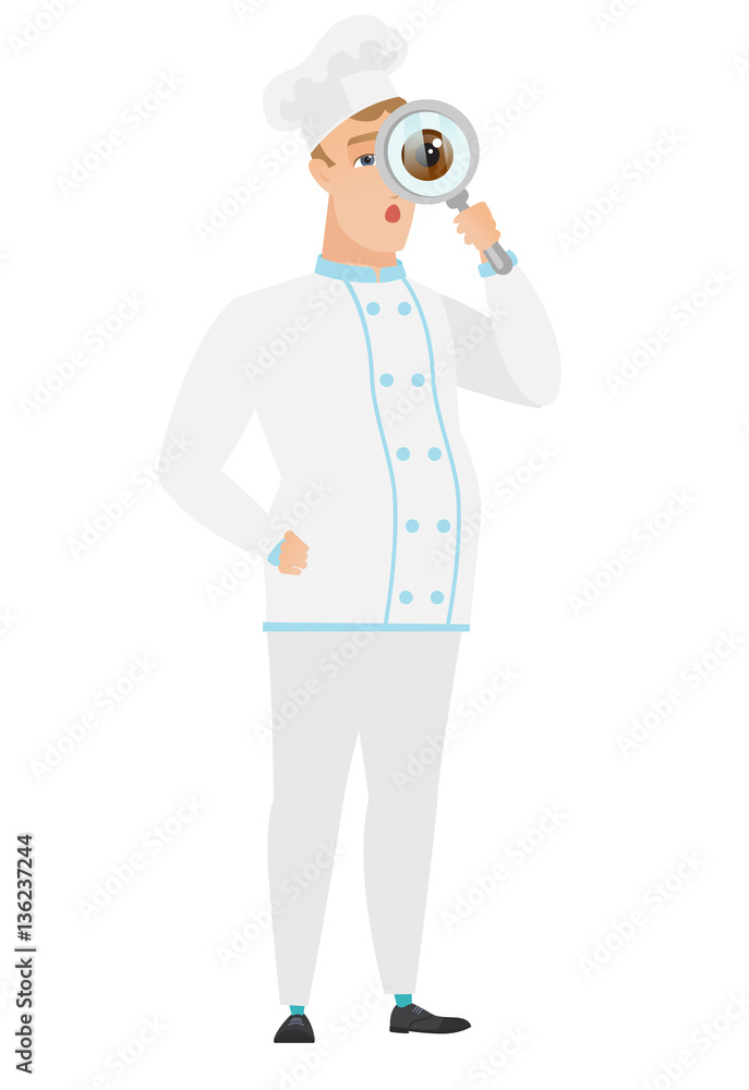 Caucasian chef cook with magnifying glass. Caucasian chef cook with magnifying glass.