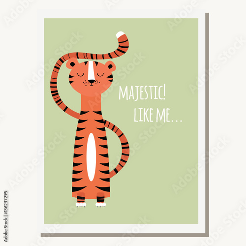 Fototapeta Naklejka Na Ścianę i Meble -  Greeting card with cute tiger and text message