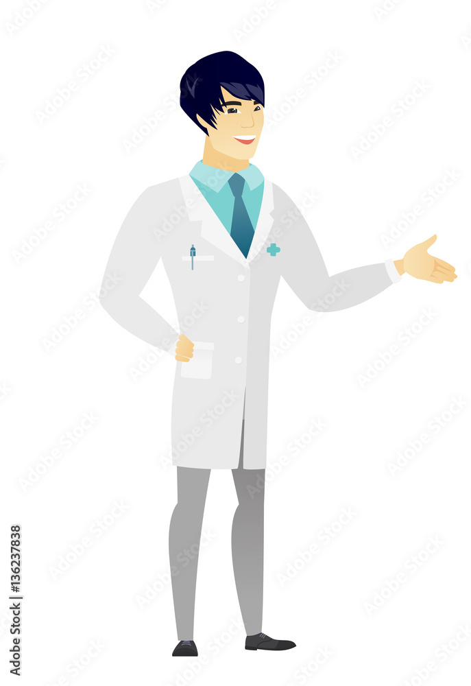 Doctor with arm out in a welcoming gesture.