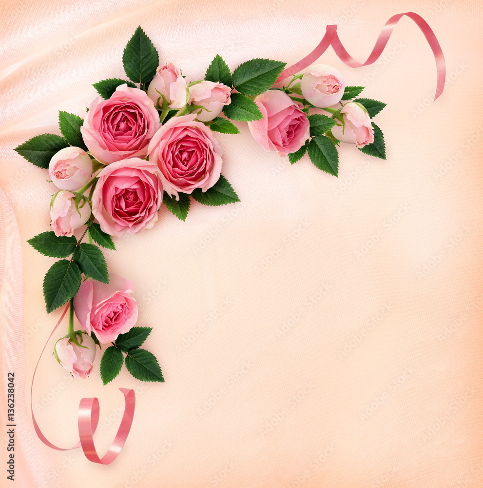 custom made wallpaper toronto digitalPink rose flowers and ribbons corner arrangement on silk