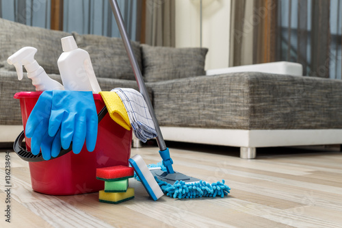 Cleaning service. Bucket with sponges, chemicals bottles and mopping stick. Rubber gloves and towel. Household equipment.