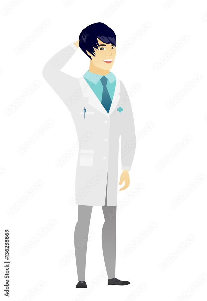 Asian doctor holding hand behind head. Asian doctor holding hand behind head.