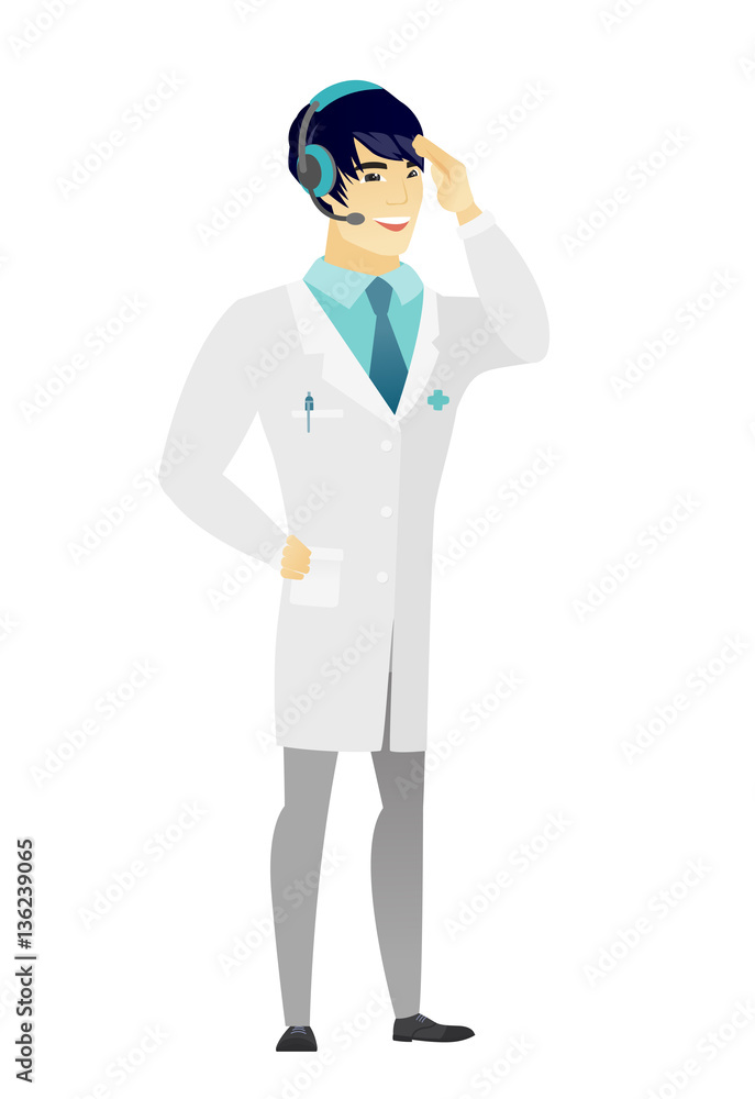 Asian doctor in headset with microphone. Asian doctor in headset with microphone.