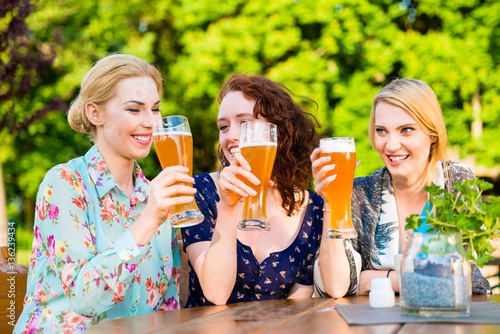 Friends toasting with beer in garden pub
