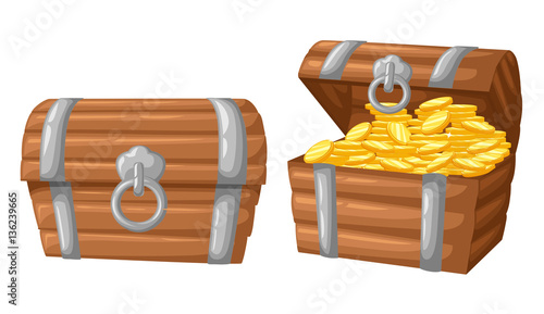 Vector illustration. treasure of gold coins on dark background Wooden Chest set for game interface money coin
