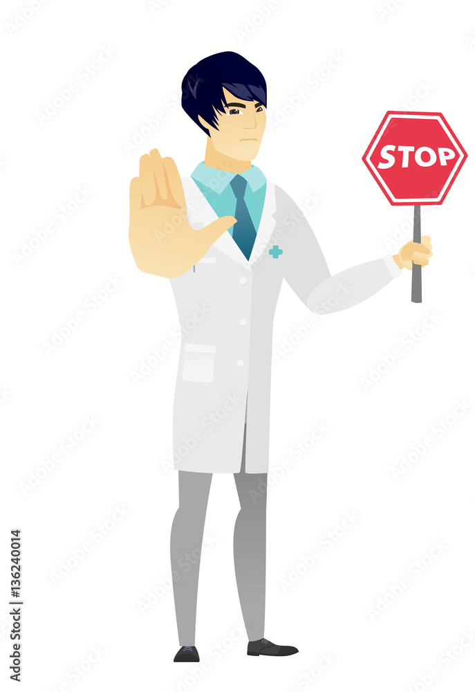Asian doctor holding stop road sign.