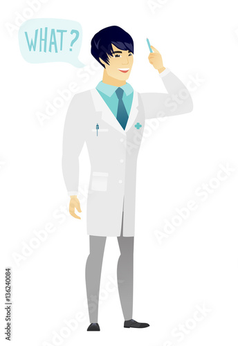 Doctor with question what in speech bubble.