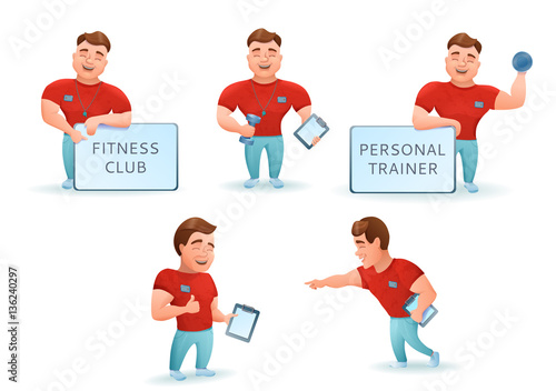 Personal fitness trainer set. Cartoon characters. Vector illustration