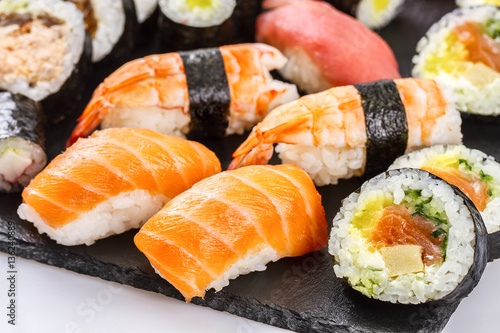 Futomaki and nigiri sushi closeup