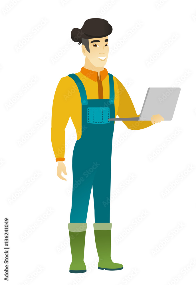 Farmer using laptop vector illustration.
