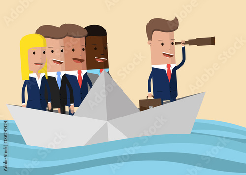 business people floating on the waves on a paper boat, team on a paper ship in heavy sea, business concept teamwork and risk