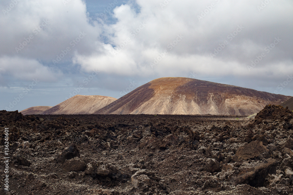 Wide view of Volcanic Landscape with Brown Mountains in Background