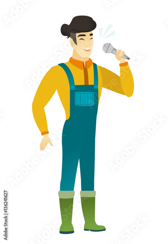 Asian farmer singing to the microphone.