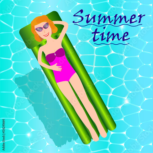 Young woman in pink swimsuit having fun and enjoying summer in amazing big swimming pool. Young pretty girl swimming on inflatable mattress. Stylish transparent cap. Beach party.