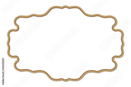 Yellow rope woven vector border with rope knots, horizontal vector frame, isolated on white background