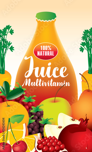 vector label packaging with different fruits and berries and fresh juices multivitamin inscription