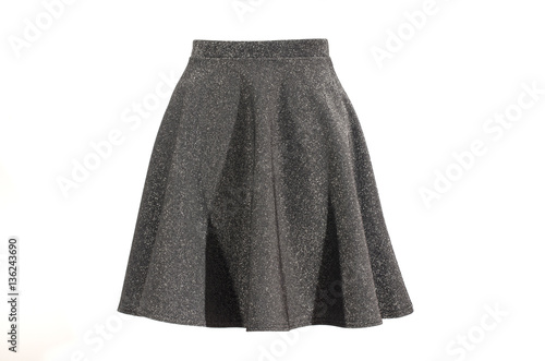 Gray sparkly skirt isolated on white background. Festive short silver skirt cut out on white.