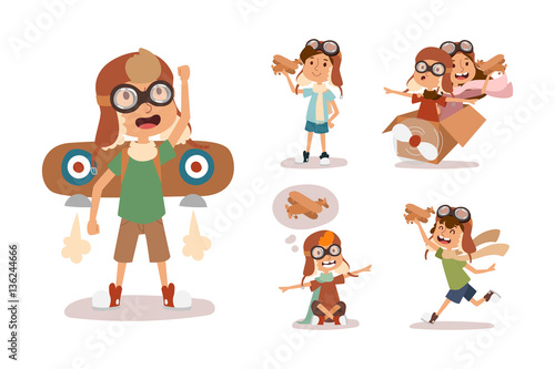 Cartoon vector kids playing pilot aviation character.