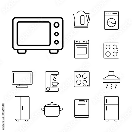 microwave oven household appliance icons set