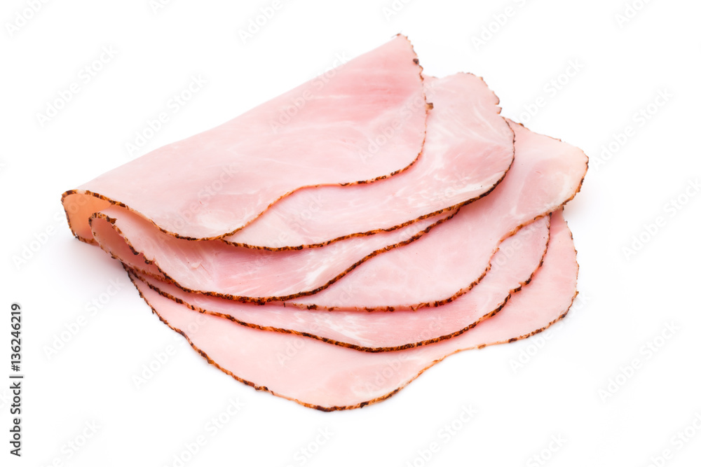 Thin slices of ham on white background. Thin slices of ham on white background.