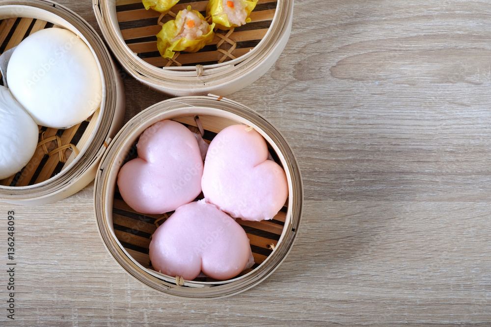 Heart shape streamed Chinese buns, Dim Sum for valentine days