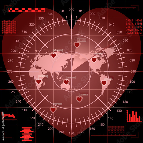 Digital red radar screen of heart shape with world map, targets and futuristic user interface on black background
