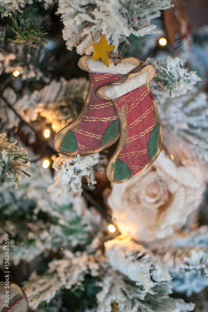 Christmas socks decorative ornament close up on christmas tree