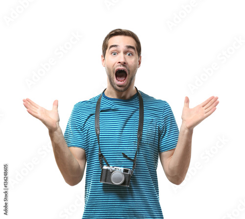 Man traveler with camera on...
