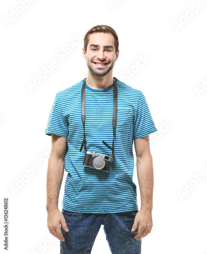 Man traveler with camera on...