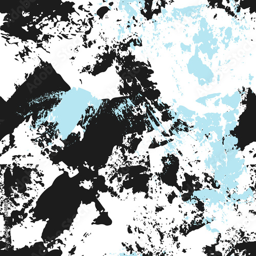 Abstract seamless vector pattern. Ink circle blot and spot created with palette knife and dry brush. Black and blue