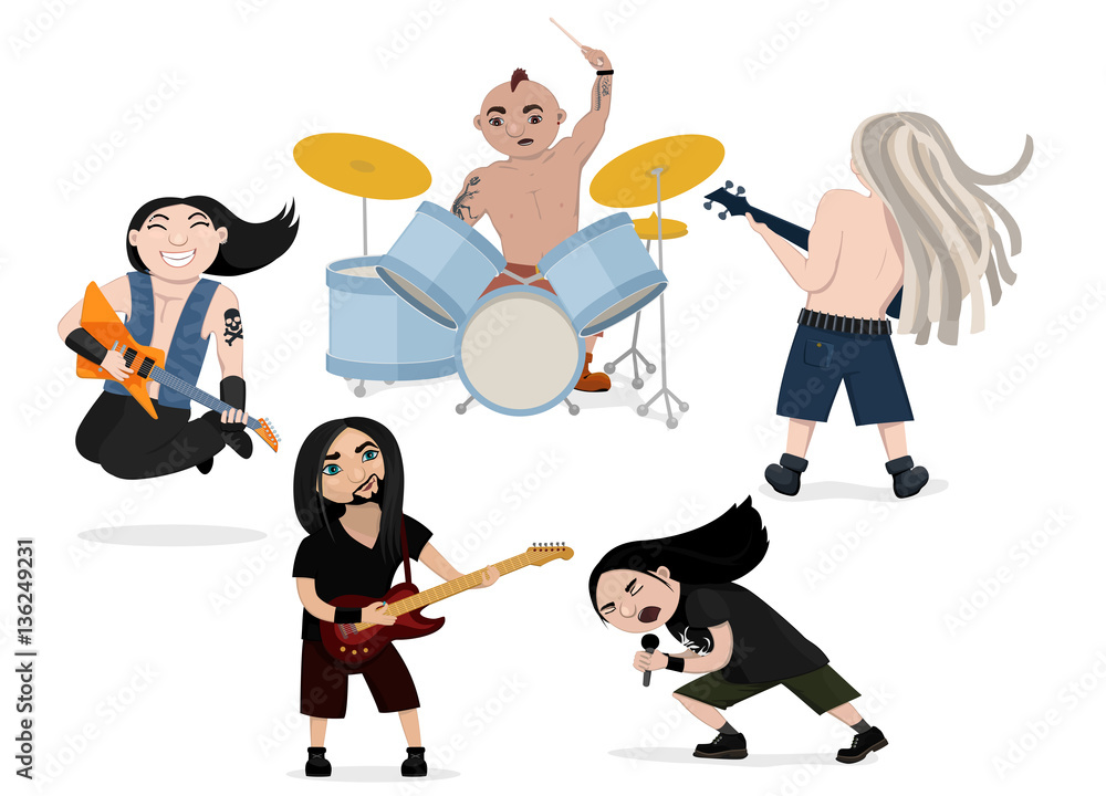 Vector illustration of funny playing rock band. Heavy metal, comic cartoon  characters: singer, guitarists, drummer and bass guitar player. Isolated  boys with musical instruments. Stock Vector | Adobe Stock