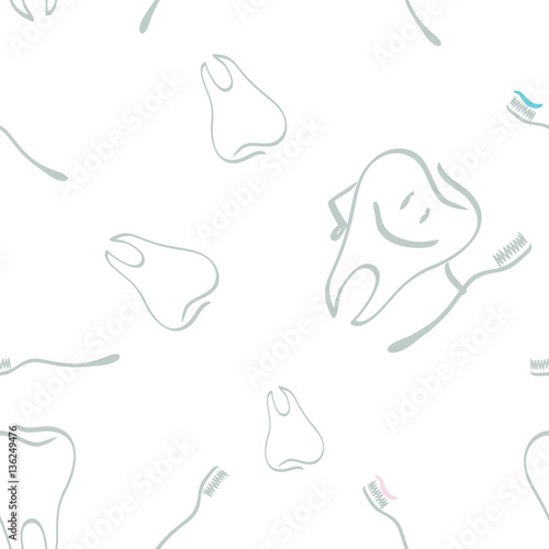 set for design on the dentist, tooth and smiling tooth with a toothbrush, seamless texture, pattern, vector image