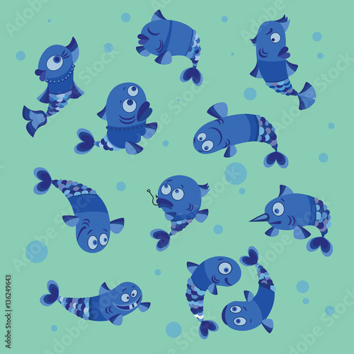 Funny fish collection vector illustration of a flat style.