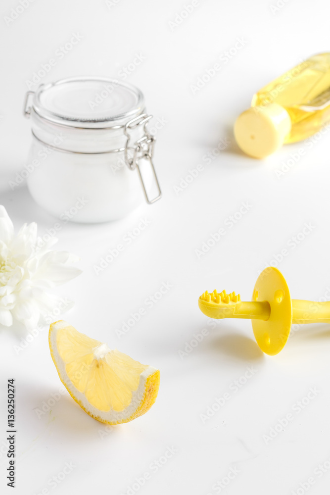 natural organic cosmetics with herbs for baby on white background natural organic cosmetics with herbs for baby on white background