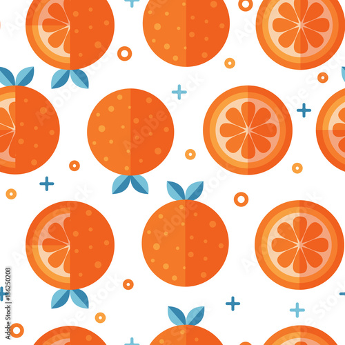 Seamless pattern with orange and slices. Fresh citrus fruit food background