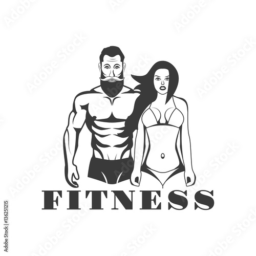 Man and woman of fitness vector vintage emblems, labels, badges and logos in monochrome style on white background.