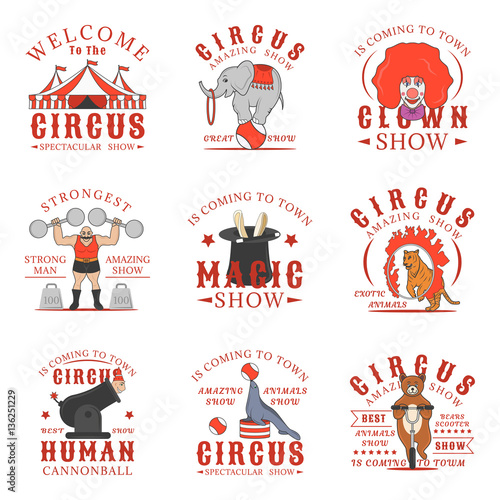 Set of circus logos, emblems, labels and badges. Set of vector templates isolated on white background.