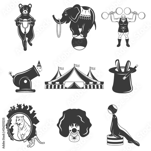 Set of circus monochrome icons, design elements isolated on white background. Flat style.