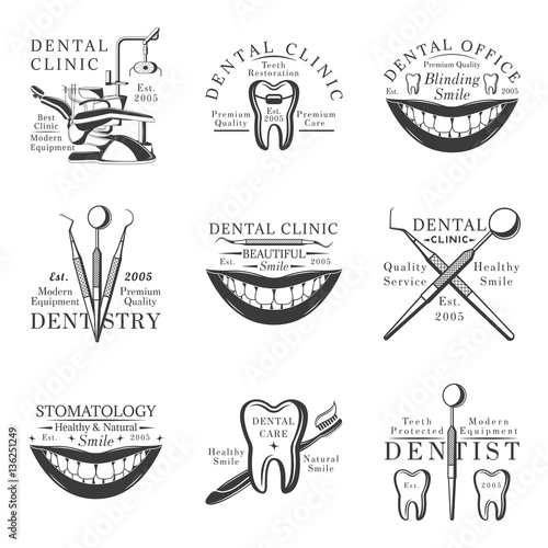 Set of dental logos, emblems, labels and badges. Set of vector templates isolated on white background.