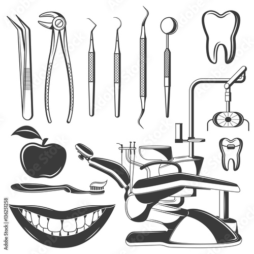 Set of dental monochrome icons, design elements isolated on white background. Dental tools and dental care tools care.