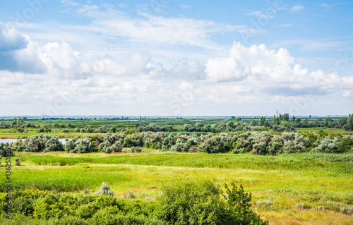 The nature of the banks of the Dead Donets river in Don river delta in the vicinity of Rostov-on-don. Summer steppe landscape. The view from the train window