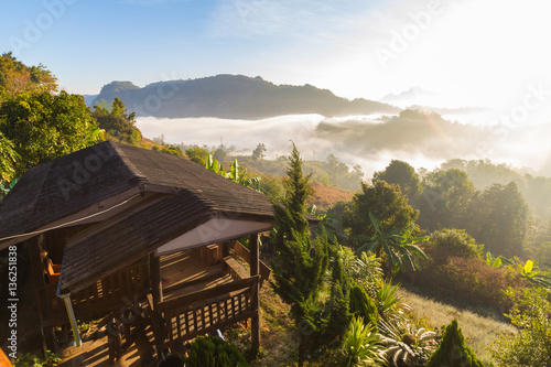 wooden house on mountains in morning in Mae Hong Son