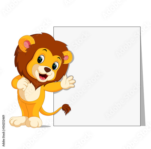 Fototapeta Naklejka Na Ścianę i Meble -  cute lion with blank sign