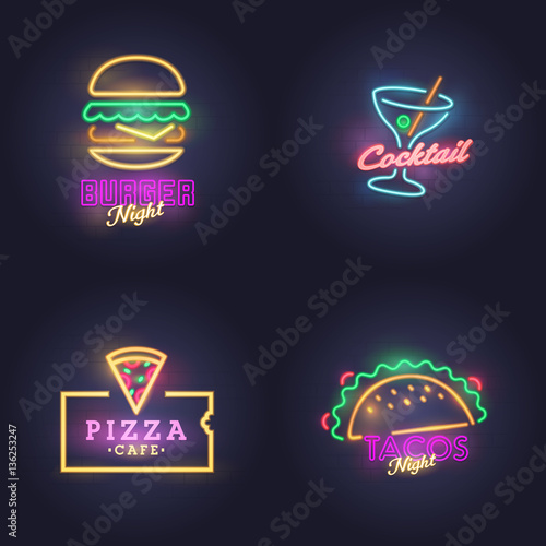 Burger, Cocktail, Nacos and Pizza neon sign. bright signboard. light banner.
