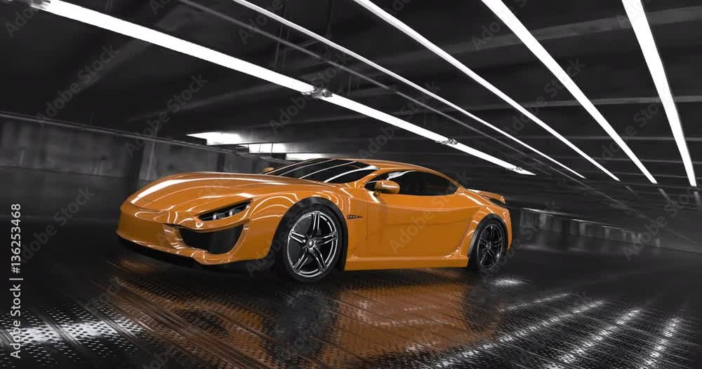 Luxury orange concept sports car animation with perfectly looping camera movement