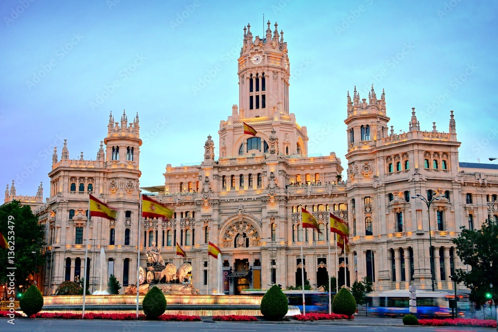 Palace of Communications in Plaza de Cibeles at dusk, Madrid, Spain